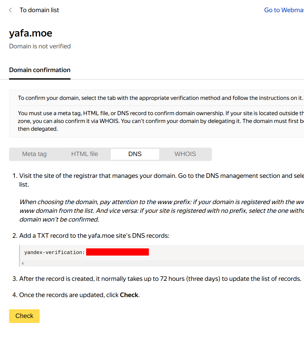 WebMaster DNS Verification